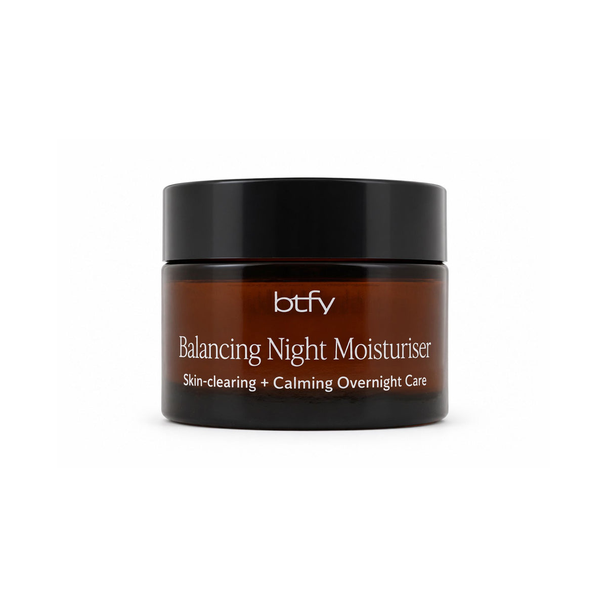BTFY Balancing Night Moisturiser 50ml in an amber glass jar with a black lid, for skin-clearing, calming overnight care