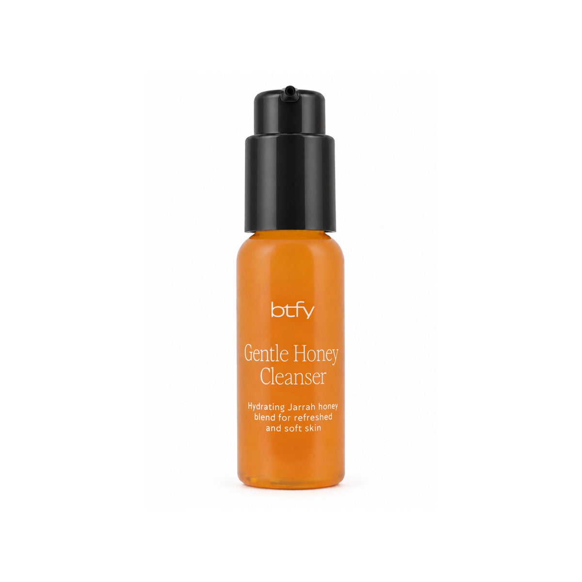 BTFY Gentle Honey Cleanser 50ml in a transparent pump bottle, a hydrating jarrah honey blend for refreshed, soft skin