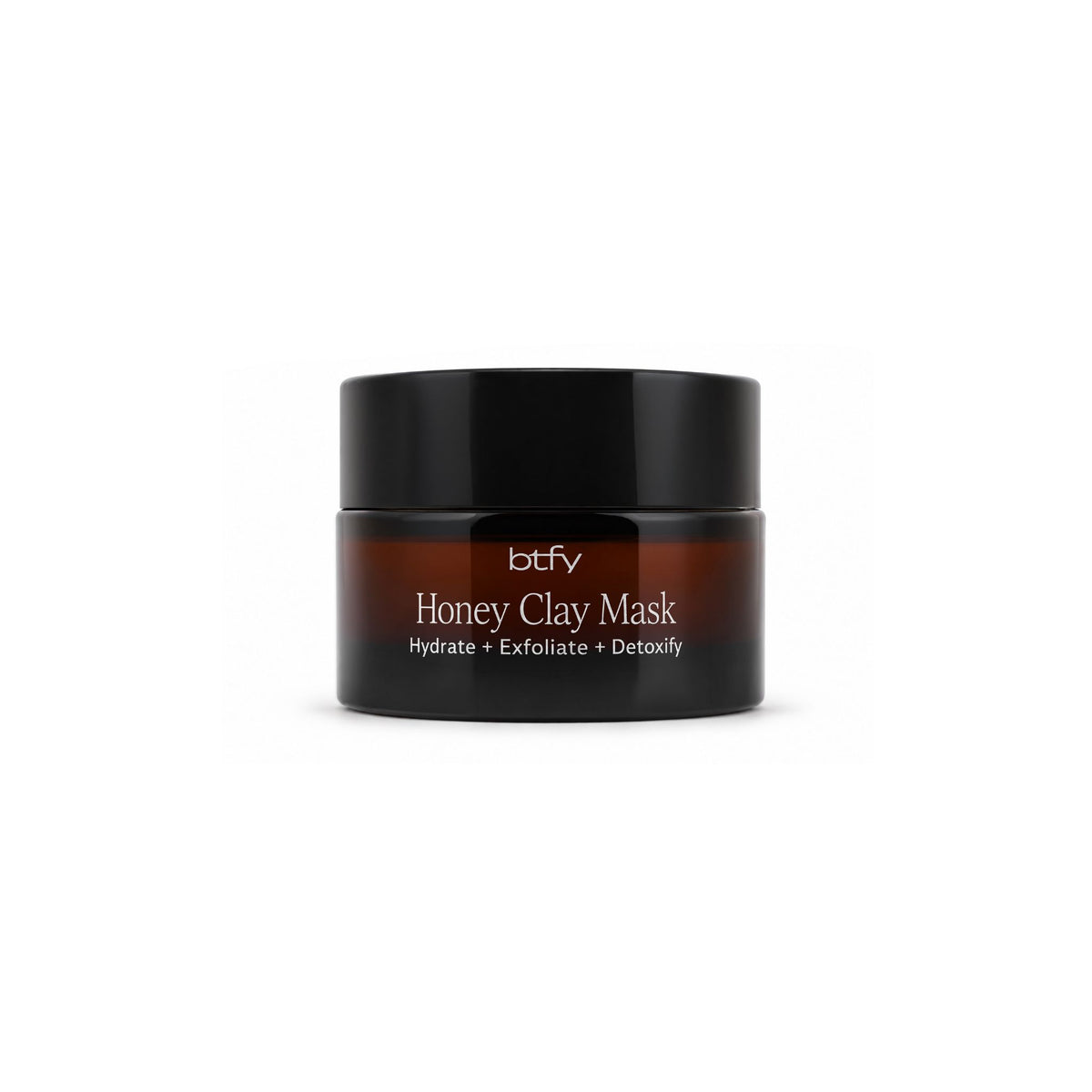 BTFY Honey Clay Mask 15ml in an amber glass jar with a black lid, to hydrate, exfoliate and detoxify