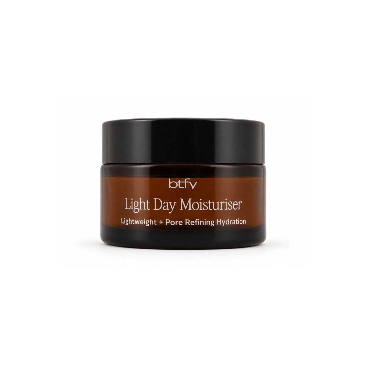 BTFY Light Day Moisturiser 30ml in an amber glass jar with a black lid for lightweight pore refining hydration