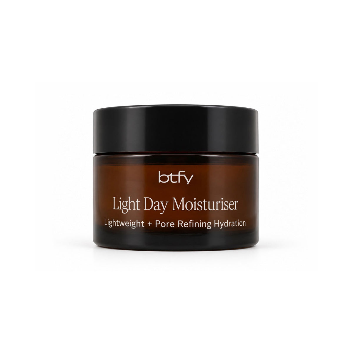 BTFY Light Day Moisturiser 50ml in an amber glass jar with a black lid for lightweight pore refining hydration