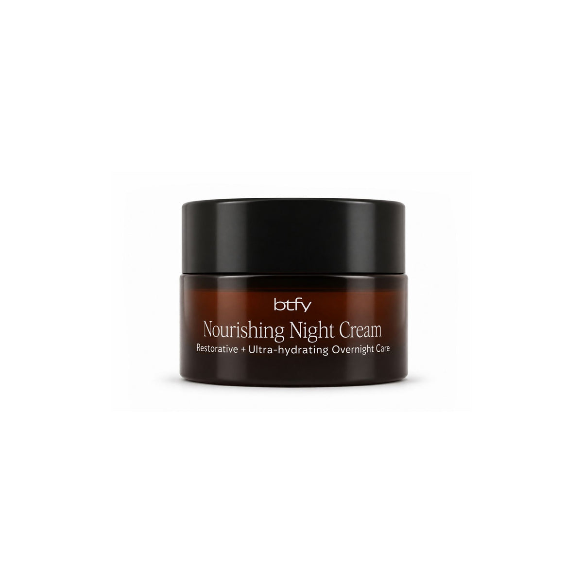 BTFY Nourishing Night Cream 15ml in an amber glass jar with a black lid for restorative and ultra-hydrating overnight care