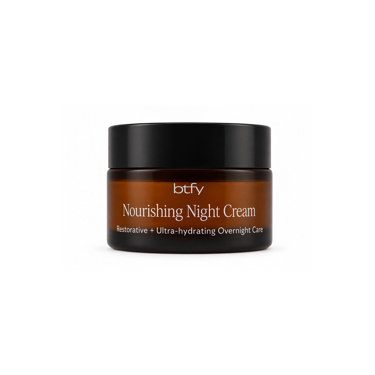 BTFY Nourishing Night Cream 30ml in an amber glass jar with a black lid for restorative and ultra-hydrating overnight care