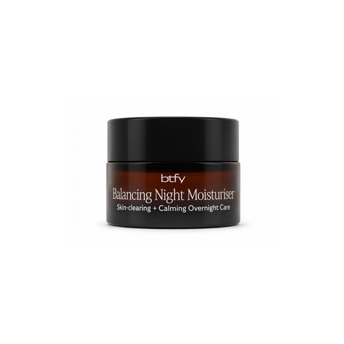 BTFY Balancing Night Moisturiser 15ml in an amber glass jar with a black lid, for skin-clearing, calming overnight care