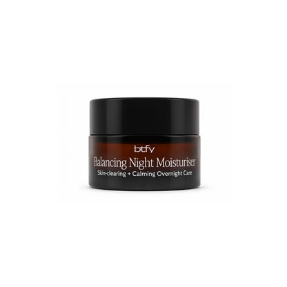BTFY Balancing Night Moisturiser 15ml in an amber glass jar with a black lid, for skin-clearing, calming overnight care