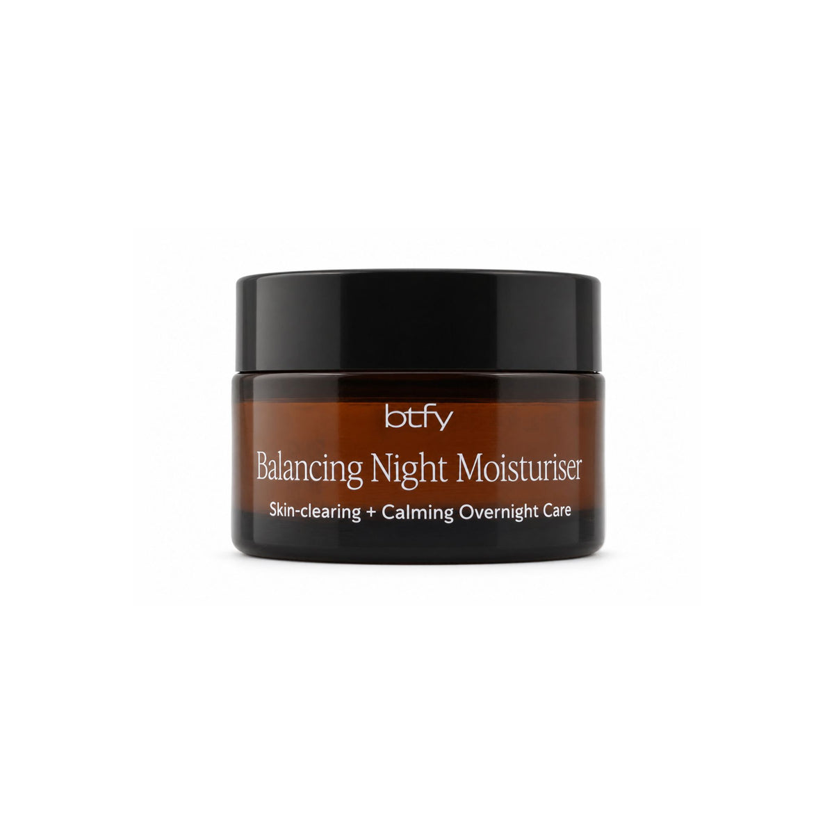 BTFY Balancing Night Moisturiser 30ml in an amber glass jar with a black lid, for skin-clearing, calming overnight care