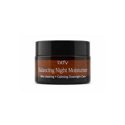 BTFY Balancing Night Moisturiser 30ml in an amber glass jar with a black lid, for skin-clearing, calming overnight care