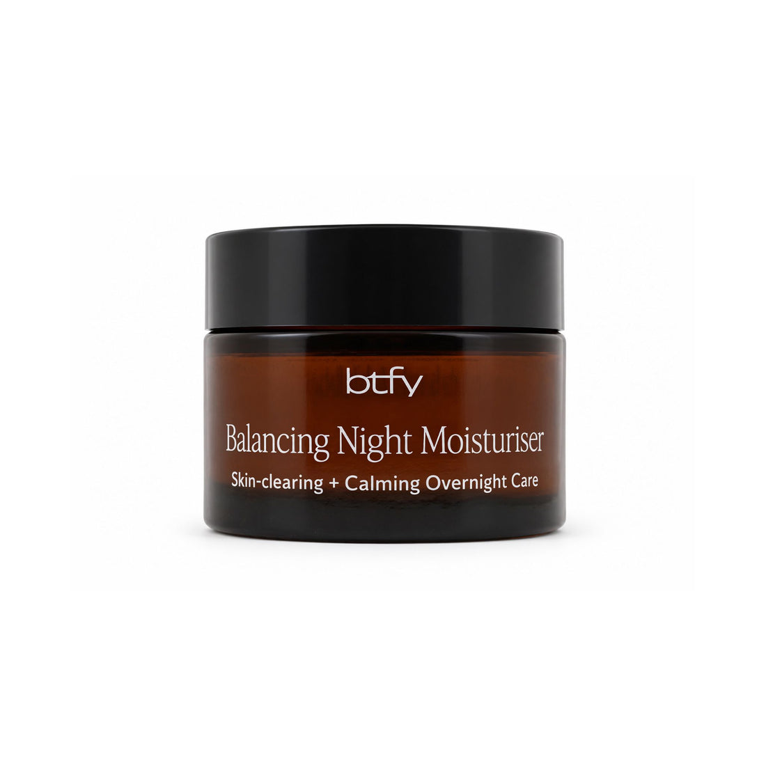 BTFY Balancing Night Moisturiser 50ml in an amber glass jar with a black lid, for skin-clearing, calming overnight care