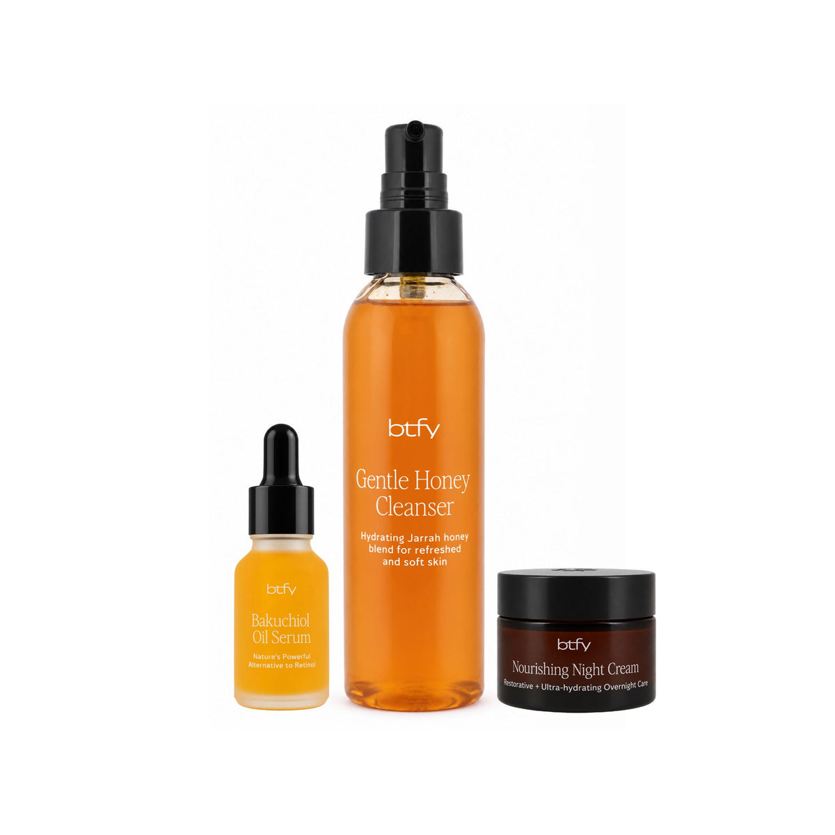 BTFY Best Seller Bundle including the Bakuchiol Oil Serum, Gentle Honey Cleanser and Nourishing Night Cream