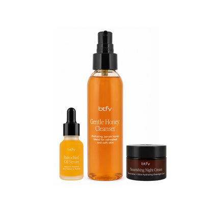 BTFY Best Seller Bundle including the Bakuchiol Oil Serum, Gentle Honey Cleanser and Nourishing Night Cream