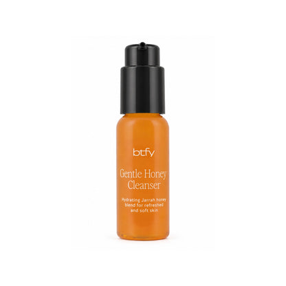 BTFY Gentle Honey Cleanser 50ml in a transparent pump bottle, a hydrating jarrah honey blend for refreshed, soft skin