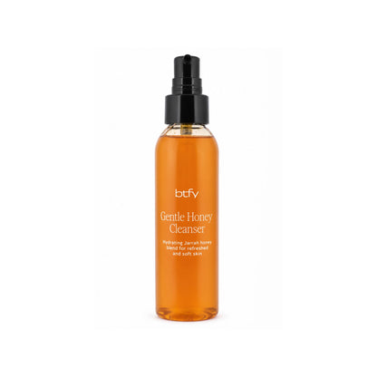 BTFY Gentle Honey Cleanser 125ml in a transparent pump bottle, a hydrating jarrah honey blend for refreshed, soft skin