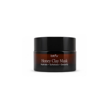 BTFY Honey Clay Mask 15ml in an amber glass jar with a black lid, to hydrate, exfoliate and detoxify