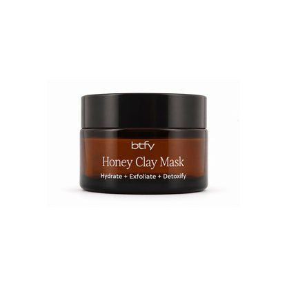 BTFY Honey Clay Mask 30ml in an amber glass jar with a black lid, to hydrate, exfoliate and detoxify