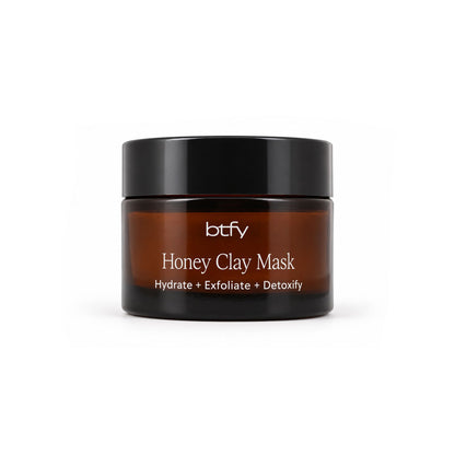 BTFY Honey Clay Mask 50ml in an amber glass jar with a black lid, to hydrate, exfoliate and detoxify