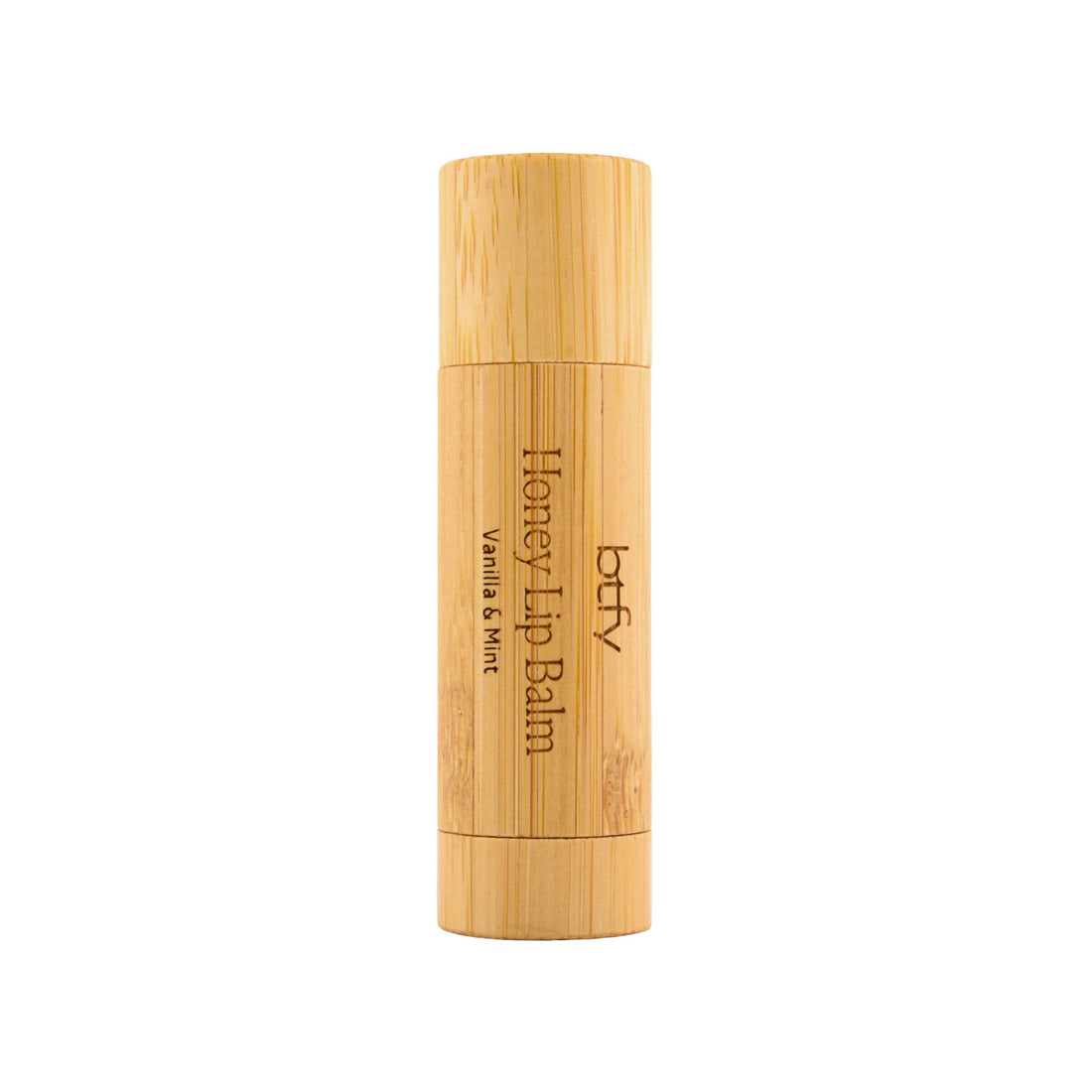 BTFY Honey Lip Balm 5g in Vanilla &amp; Mint, in an engraved bamboo tube