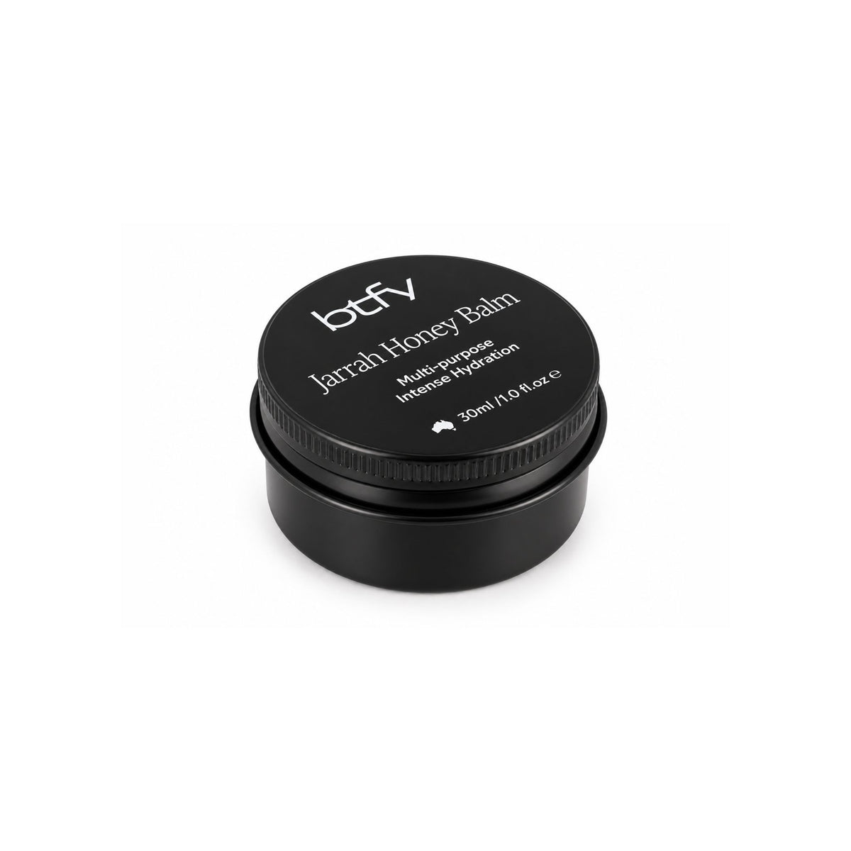 BTFY Jarrah Honey Balm 30ml in a black tin, for multi-purpose intense hydration