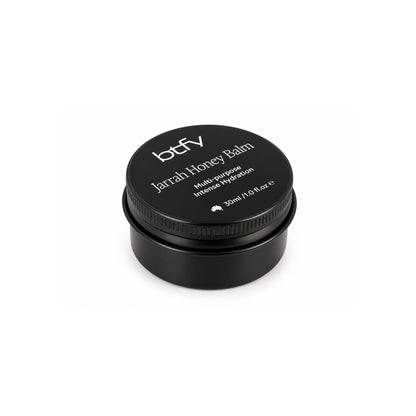 BTFY Jarrah Honey Balm 30ml in a black tin, for multi-purpose intense hydration
