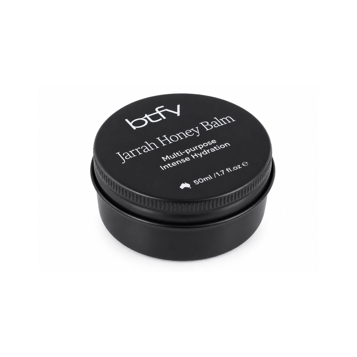 BTFY Jarrah Honey Balm 50ml in a black tin, for multi-purpose intense hydration