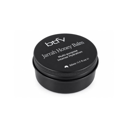 BTFY Jarrah Honey Balm 50ml in a black tin, for multi-purpose intense hydration