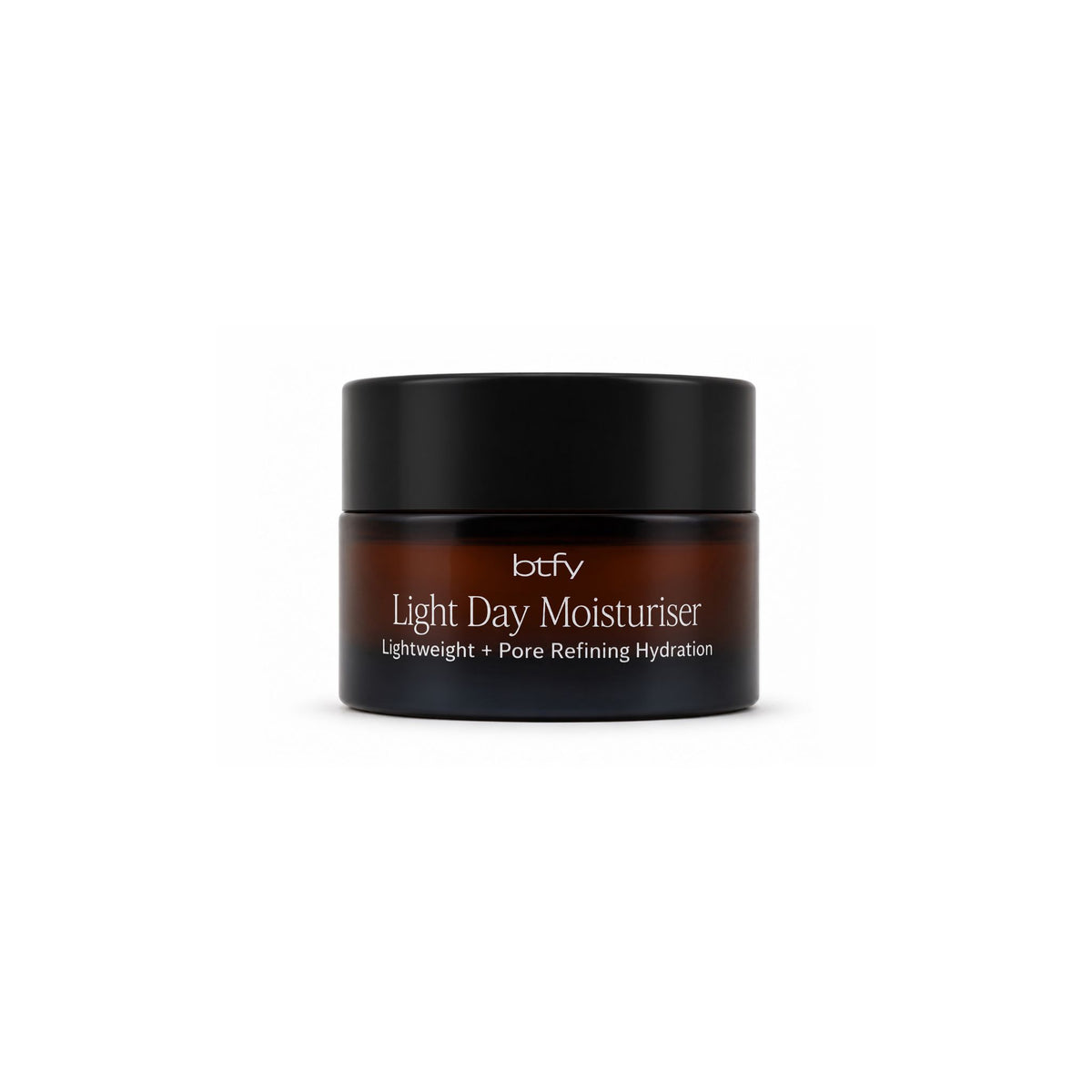 BTFY Light Day Moisturiser 15ml in an amber glass jar with a black lid for lightweight pore refining hydration