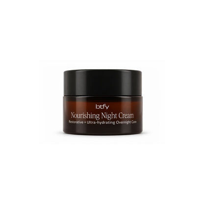 BTFY Nourishing Night Cream 15ml in an amber glass jar with a black lid for restorative and ultra-hydrating overnight care