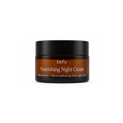 BTFY Nourishing Night Cream 30ml in an amber glass jar with a black lid for restorative and ultra-hydrating overnight care