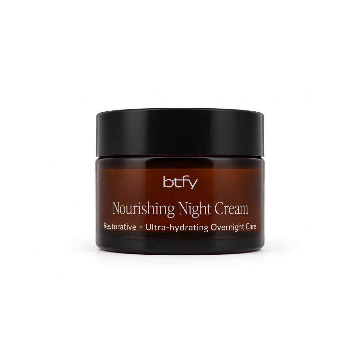 BTFY Nourishing Night Cream 50ml in an amber glass jar with a black lid for restorative and ultra-hydrating overnight care