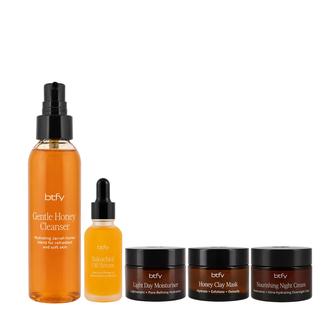 BTFY Nourishing Skincare Routine set including the Gentle Honey Cleanser, Bakuchiol Oil Serum, Light Day Moisturiser, Honey Clay Mask and Nourishing Night Cream for dry and mature skin